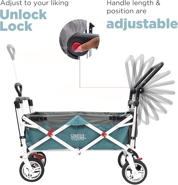 Creative Outdoor Wagon for Kids Push Pull Collapsible Stroller Folding Cart | Silver Series | Beach Park Garden & Tailgate | Teal