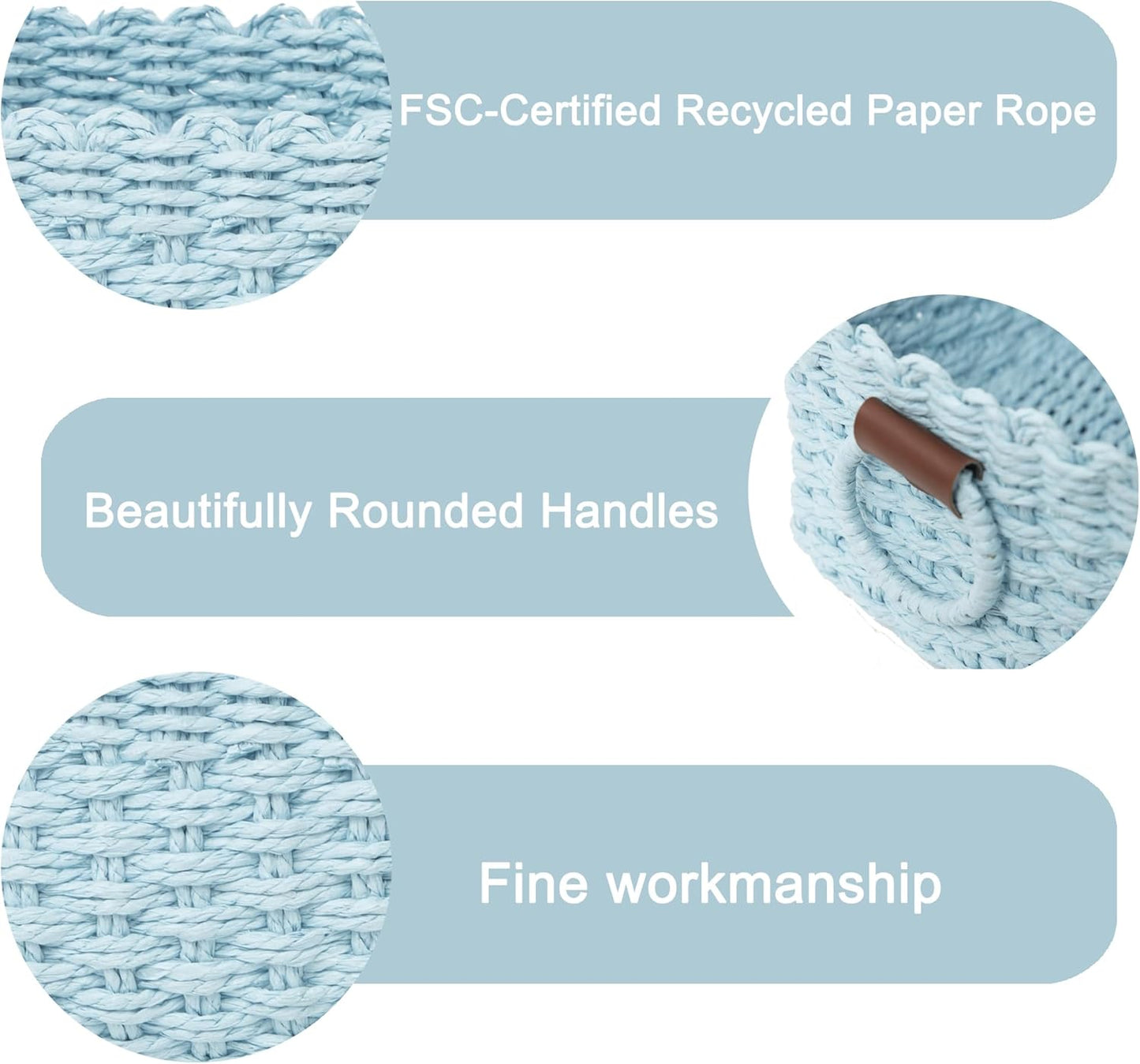 Small baskets for Organizing,Cute woven Storage basket with recycled paper rope for Shelves Bathroom,Little decorative basket,Set of 3 (Sky-Blue)