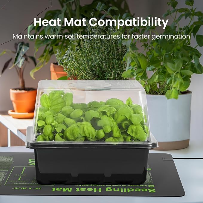 MIXC 6-Pack Seed Starter Tray Kit with Plant Light Seedling Trays with Adjustable Humidity Domes & Clear Cell Trays 12 Full Spectrum LED Beads for Indoor Plant Growth(Black)