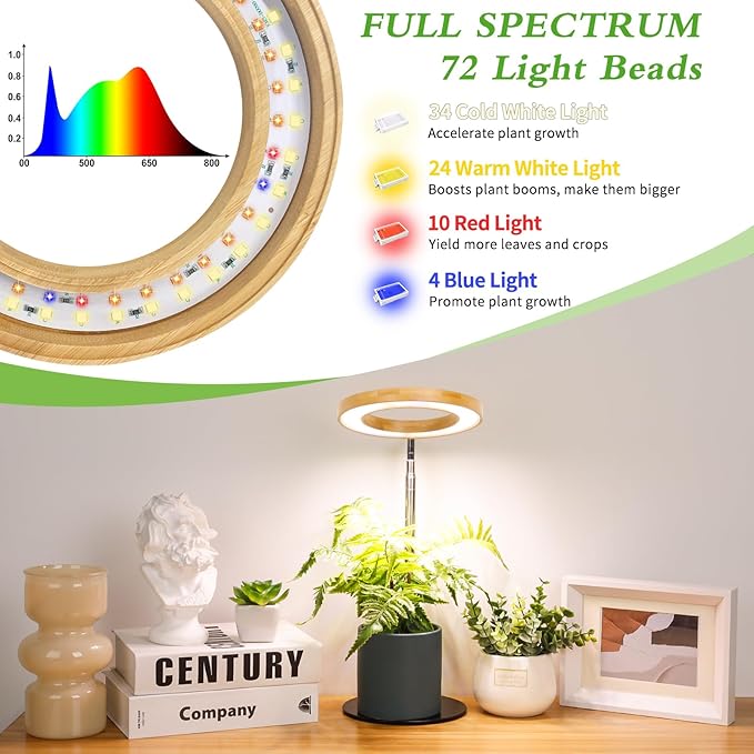 LORDEM Bamboo Grow Light for Indoor Plants, Full Spectrum Plant Light for Indoor Growing, Desk LED Grow Lamp with Auto On/Off Timer for 4H/8H/12H, 4 Dimmable Levels, Height Adjustable, 1 Pack