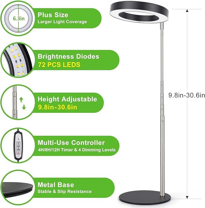 LORDEM Grow Light, LED Plant Light for Indoor Plants Growing, Full Spectrum Desk Growth Lamp with Automatic Timer for 4H/8H/12H, 4 Dimmable Levels, Height Adjustable 9.8"-30.6", 2 Packs of Black