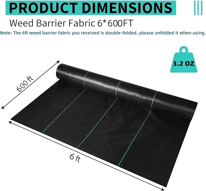 6ftx600ft Heavy Duty Weed Barrier Landscape Fabric – Durable Woven Driveway Garden Cloth for Weed Control, Ground Cover, Landscaping – Long-Lasting Geotextile Fabric – 3.2oz