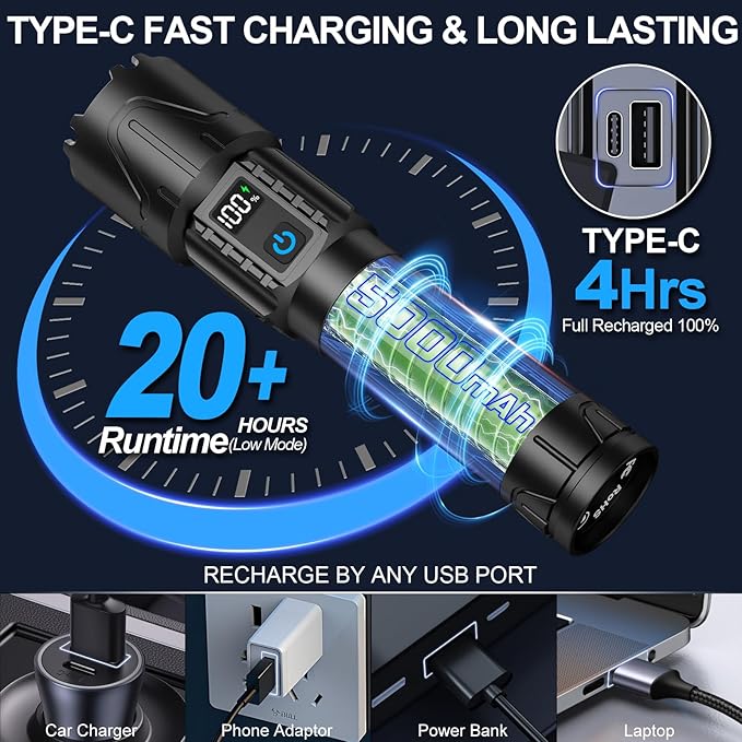 Banral Rechargeable Tactical Flashlights 2000 High Lumens - 5000mAh Super - Image 6