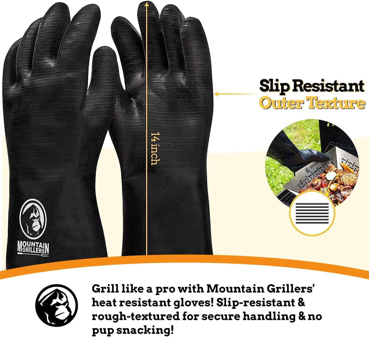 Mountain Grillers Extreme Heat Resistant Gloves for Grill BBQ High Temperature Fire Pit Gloves Barbecue Cooking, Smoker, Oven, Fryer, Grilling Waterproof, Fireproof Oil Resistant Neoprene Coating 18in