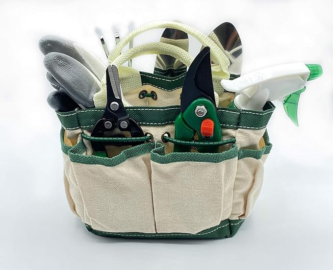 RyKing Small Garden Tool Set, 8 Piece Gardening Balcony Mini Kit Bag, Trowel Transplanter Hand Rake Pruner Snips Shovel Gloves Watering Spray, Stainless Steel Wooden Handles, Gift for Woman Men Kids