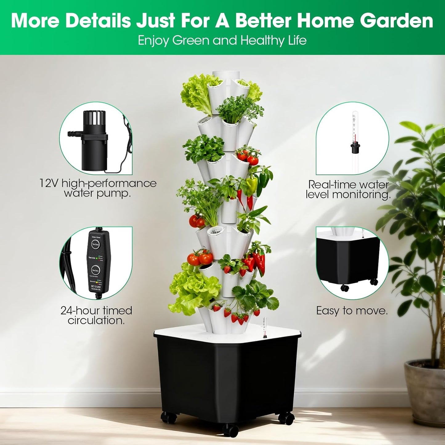 Vertical Hydroponic Tower,7Layer 35 Pods Tower Garden Growing System with 12V Water Pump& 24h Smart Timer,BPA-Free Modular Indoor/Outdoor for Hydroponic Gardening Lovers Planting Vegetables
