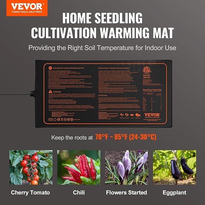 VEVOR 10"x 20.75" Seedling Heat Mat 1 Pack, MET-Certified, Waterproof, for Indoor Germination, Gardening, Hydroponics, Greenhouse Use