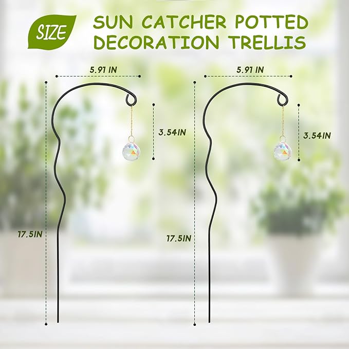 Plant Trellis for Potted Plants with Colorful Crystal Sun Catcher, 17.5 Inch Metal Plant Stakes for Indoor Plant Accessories Indoor for Home Garden,Plant Lover Gift (Black)