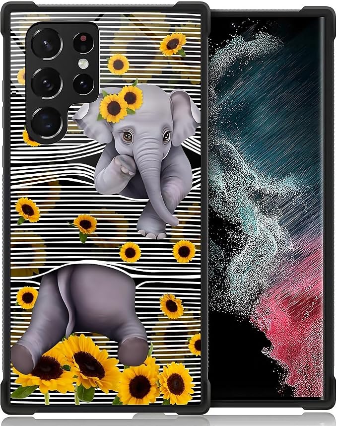 for Samsung Galaxy S23 Ultra Case, Cute Little Elephant Sunflower White Line by FKBRCL4U