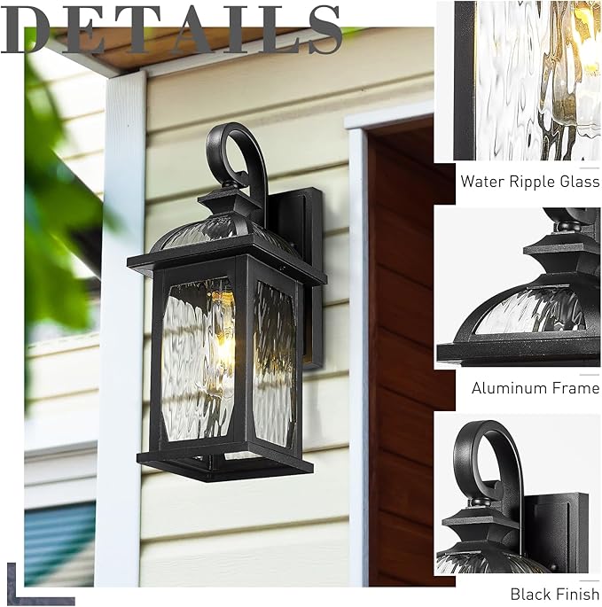 zeyu 15 Inch Outdoor Wall Lights Exterior, Outdoor Patio Light Fixture for Garden Porch, Die-Cast Aluminum with Water Ripple Glass, Black Finish, ZD100B BK-WP