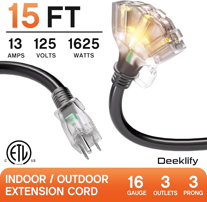 15 ft 16/3 awg 3 Outlet Extension Cord Splitter - Image 2
