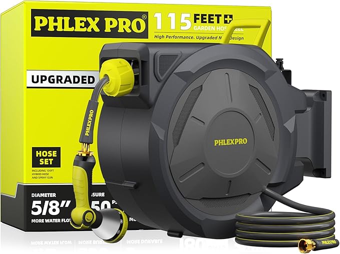 Retractable Garden Hose Reel 5/8 in x 115 ft Heavy Duty Automatic Water Hose Reel Wall Mounted with 10 Pattern Nozzle,Any Length Lock, Slow Return System, 180°Swivel Bracket