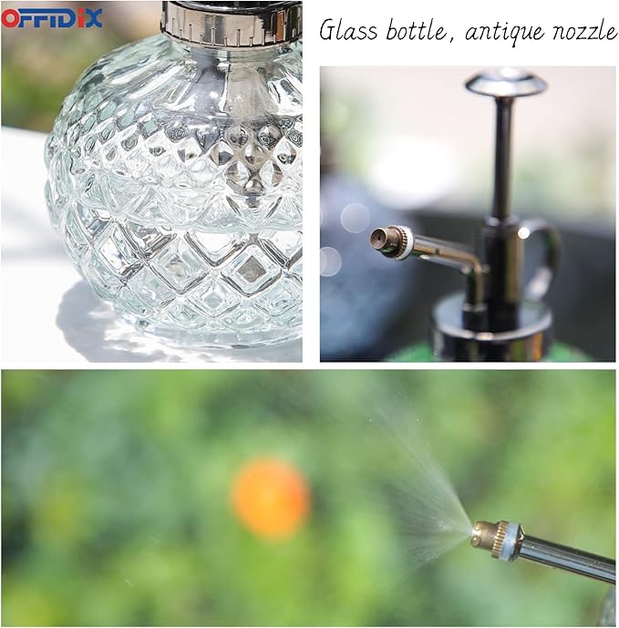 OFFIDIX Plant Mister, 300ML Vintage Glass Spray Bottle with Plastic Top Pump, Small Decorative Spritzer Watering Can for Indoor Outdoor House Plants (Transparent)