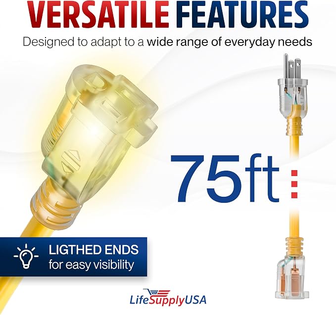 75ft Outdoor/Indoor Extension Cord 12/3 Gauge Extra Heavy Duty 3 Prong SJTW - Image 6