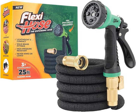 Flexi Hose with 8 Function Nozzle, 25FT - Lightweight Expandable Garden Hose, No-Kink Flexibility, 3/4 Inch Solid Brass Fittings and Double Latex Core