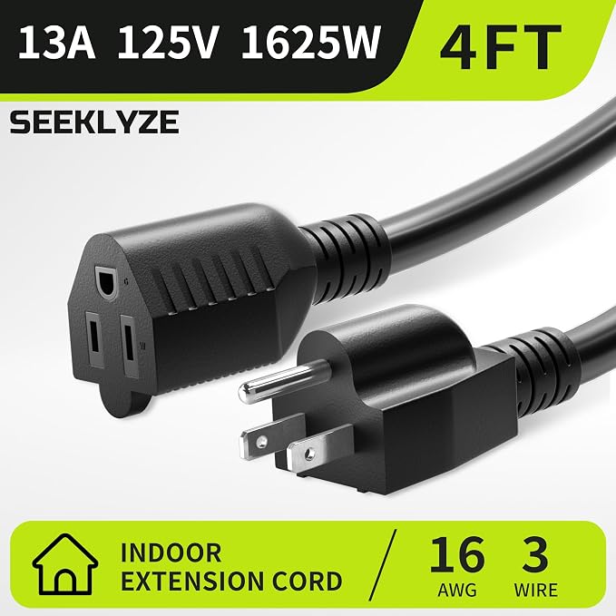 16/3 Black Extension Cord 4 FT, Indoor Extension Cord - Image 2