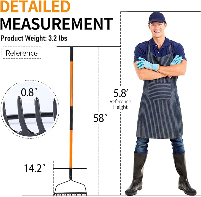 Garden Rake for Gardening, Heavy Duty Garden Rake for Lawns, 14 Tines Bow Rake with Fiberglass Handle, 58 Inches