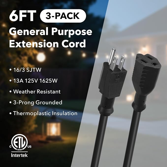 BN-LINK 6ft Indoor Outdoor Extension Cord 16/3 SJTW, 3 Pack, Weather Resistant - Image 2