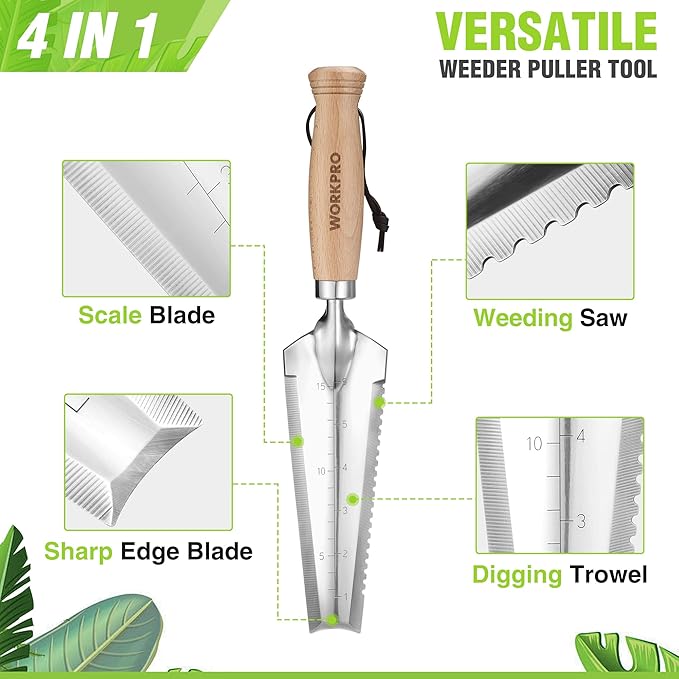 WORKPRO 12.5" Weeder Puller Tool with Wood Handle, 4-in-1 Polished Stainless Steel Garden Trowel, Hori Hori Garden Knife for Easy Weeder Removal, Planting, Weeding, Small Gardening Hand Tools