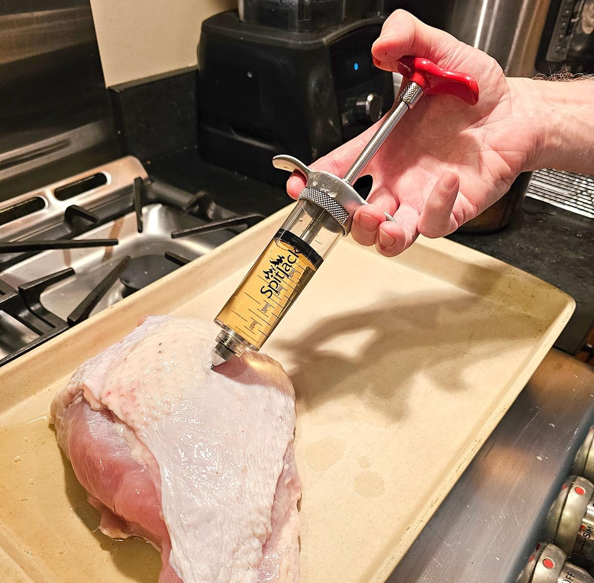 SPITJACK SHOT XL Meat Injector Syringe for Smoking. Turkey Marinade and Brisket Flavor Injection Kit. BBQ Accessories and Cooking Gift for Men. Stainless Steel 4 Needles, Case, 70ml Capacity.