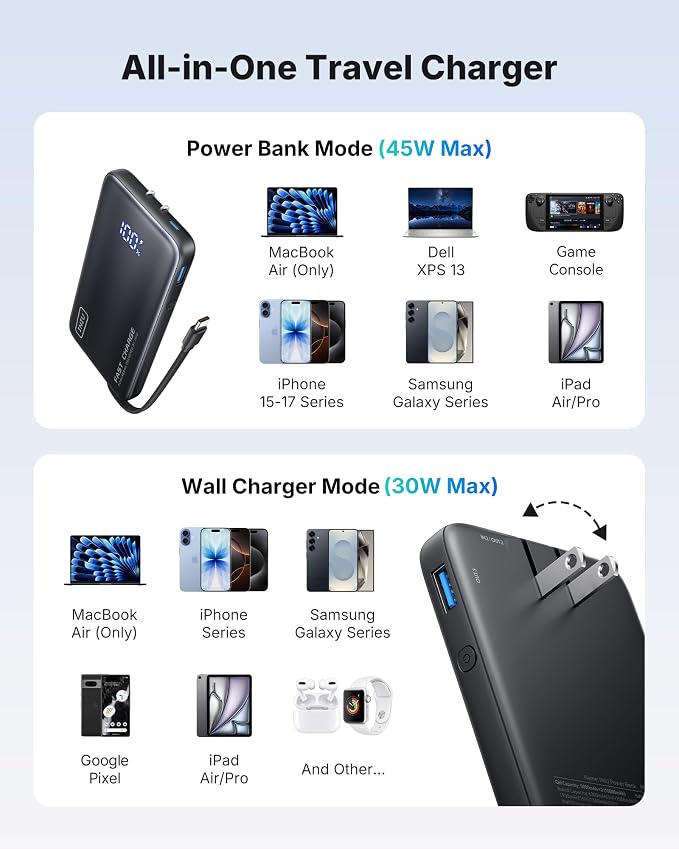 INIU 3-in-1 Portable Charger, 45W 10000mAh Fast Charging Power Bank, Built-in - Image 7