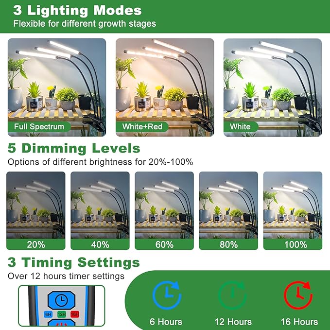 Wolezek Grow Lights for Indoor Plants Full Spectrum, 6000K 3 Head Plant Lights Indoor, LED White Plant Grow Lamp with Clip, Auto ON & Off Timer 6/12/16H, 3 Light Modes, 5 Level Dimmable Brightness