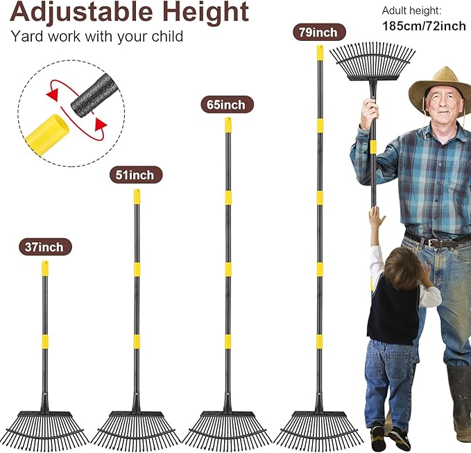 Metal Garden Rake, 5FT Rake for Leaves Lawns, 25 Metal Tines 18 inch Wide with Adjustable Handle Heavy Duty Yard Leaf Rakes for Gardening