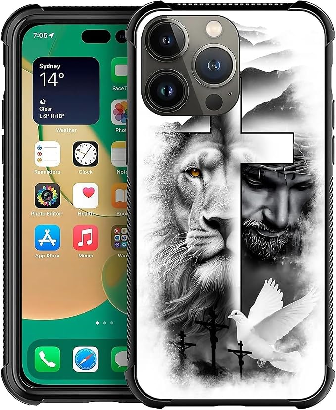 for iPhone 14 Pro Case, Lion Cross Jesus Christ Dove Pattern Graphic Design by FKBRCL4U
