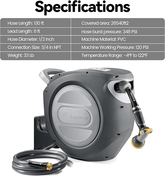 Retractable Garden Hose Reel 1/2 in x 130 ft Upgraded UV Resistant Heavy Duty Automatic Hose Reel Wall Mount 3/4 in Brass Fitting 9 Pattern Nozzle Any Length Lock Slow Retraction