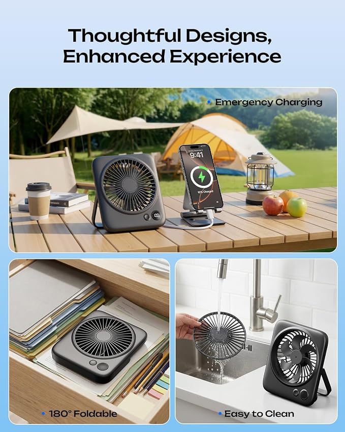 Otlonpe Portable Desk Fan 6.5 Inch, 4000mAh Rechargeable Battery Operated & USB - Image 6