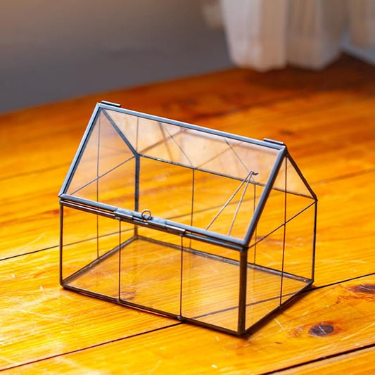NCYP Mini Glass Terrarium with Lid - 6.1" x 4.25" x 4.92" House Shape Closed Planter Pot for Small Cactus, Succulents Plant - Home Garden Office Tabletop Geometric Decor, Black (Terrarium Only)