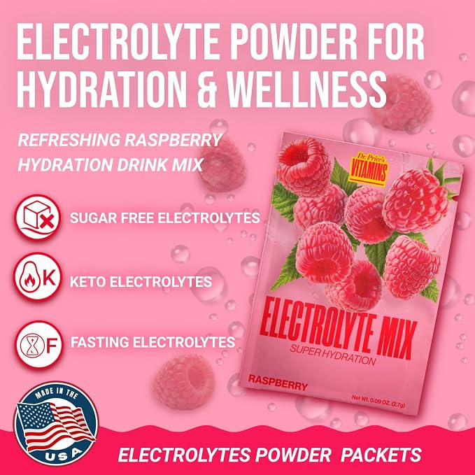 Dr. Price’s Electrolytes Powder Packets – Raspberry, 60 Packets | Sugar Free - Image 3