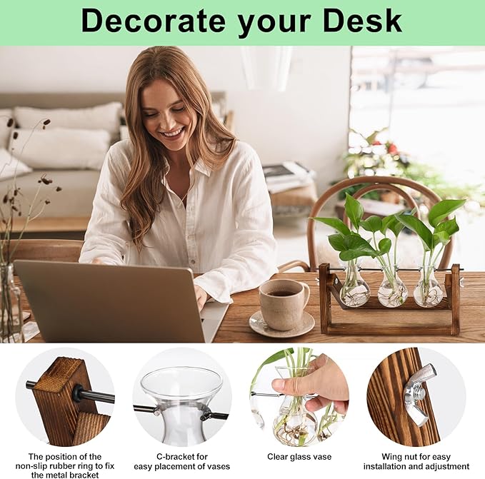 YIBOT Propagation Stations,Plant Terrarium with Retro Wooden Stand, Unique Gardening Birthday Gifts for Women Plant Lovers, Hydroponics Plants Home Office Garden Decor - 3 Bulb Glass Vases