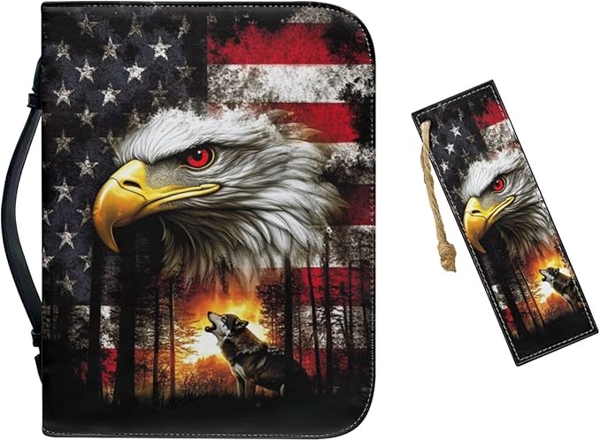 Medium Bible Cover Case for Women Men American Flag Wolf Bald Eagle Print PU by Unknown