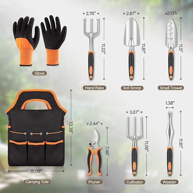 sungwoo Garden Tool Set 8 Piece, Heavy Duty and Lightweight Aluminium Alloy Tools with Non-Slip Ergonomic Handle, Storage Tote Bag, Gardening Hand Tools, for Women and Men Orange