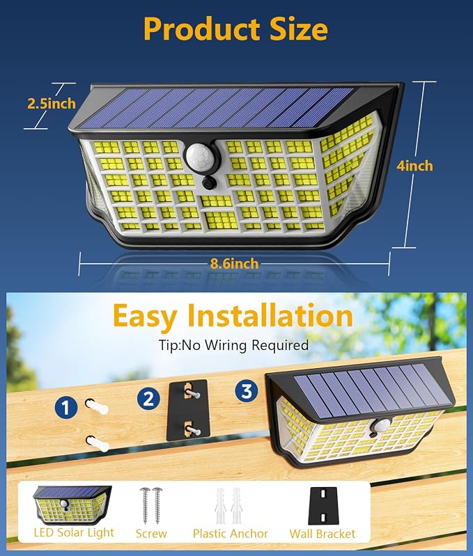 WdtPro Solar Lights Outdoor Waterproof, 300° Angle & 3 Lighting Modes Motion - Image 3