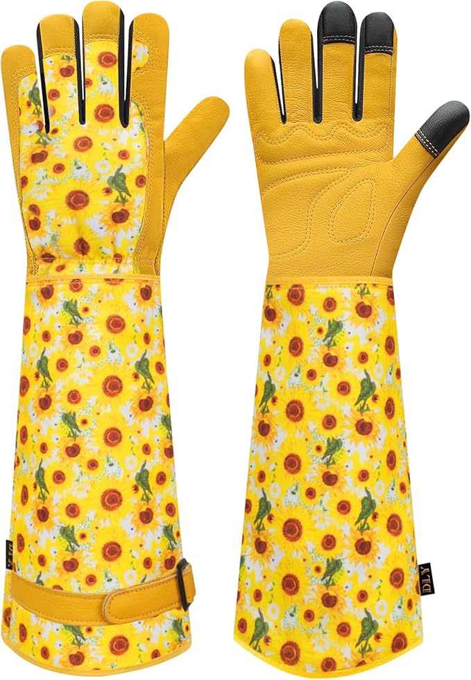 DLY Gardening Gloves for Women, Rose Gloves Gardening Thorn Proof, Long Garden Gloves for Women, Breathable Cowhide Leather Gauntlet (Small, Yellow