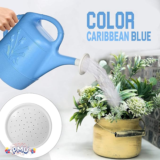 PMU 2 Gallon Watering Can - Garden Watering Can for Indoor & Outdoor Plants - Plastic Water Can with Detachable Sprinkler Head - Large Water Pot, Made in USA - Blue Pkg/6