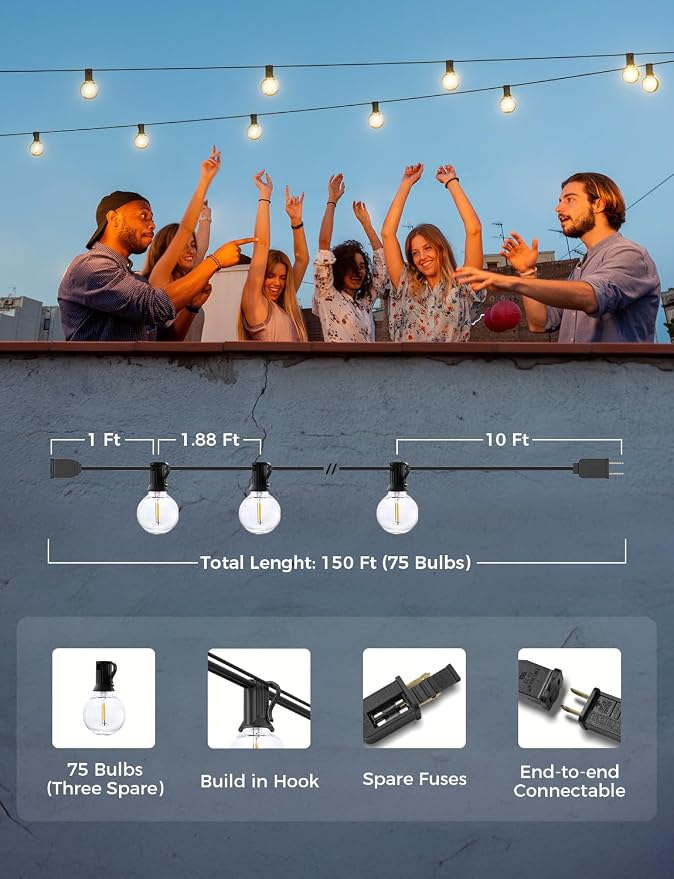XMCOSY+ Smart Outdoor String Lights, 150Ft G40 Globe Patio Lights - Image 6