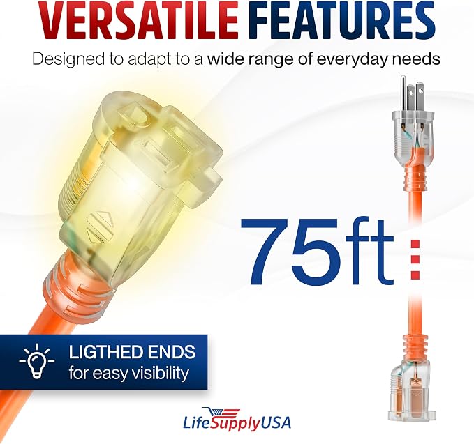 75ft Outdoor/Indoor Extension Cord 10/3 Gauge Ultra Heavy Duty 3 Prong SJTW - Image 6