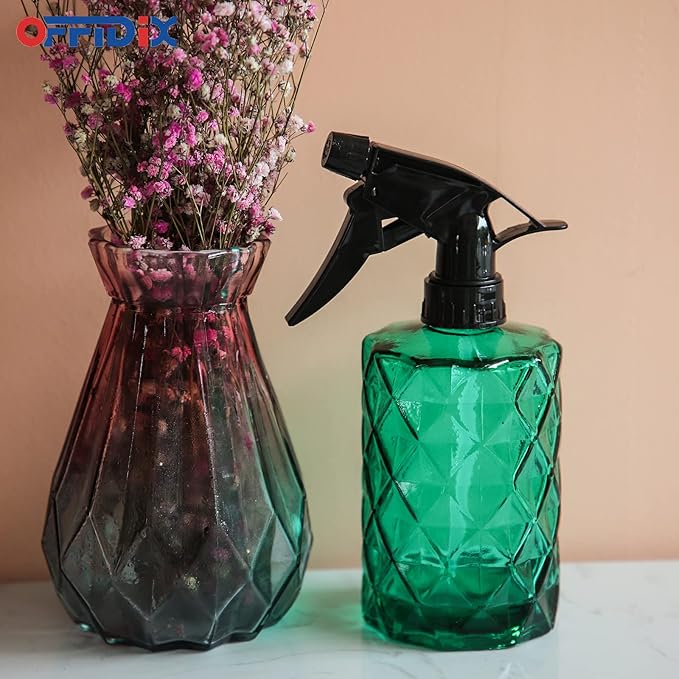 OFFIDIX Fine Mist Plant Mister, Handheld Pressure Glass Spray Bottles, 0.35L/11.8oz Watering Can with Adjustable Nozzle for Outdoor Indoor Gardening and Cleaning Work (Green)