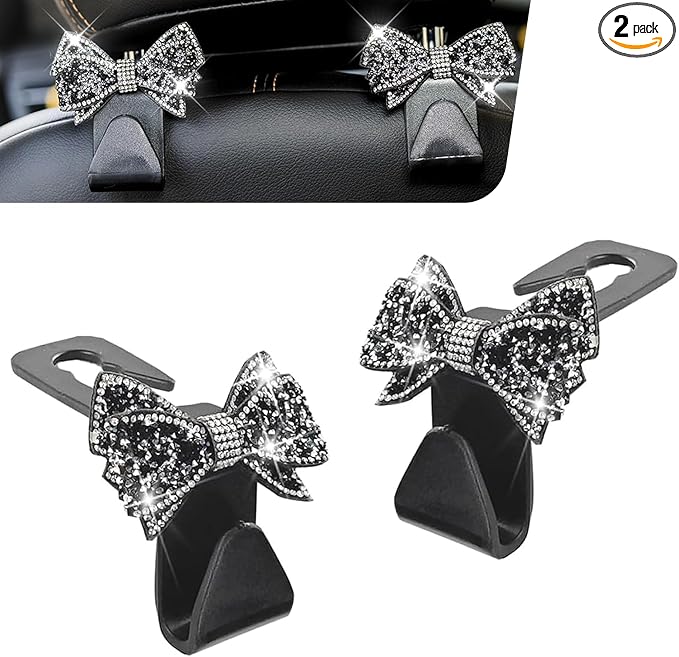 2 PCS Bling Bow Car Seat Headrest Hooks, Cute Rhinestone Bow Car Seat Back by Unknown