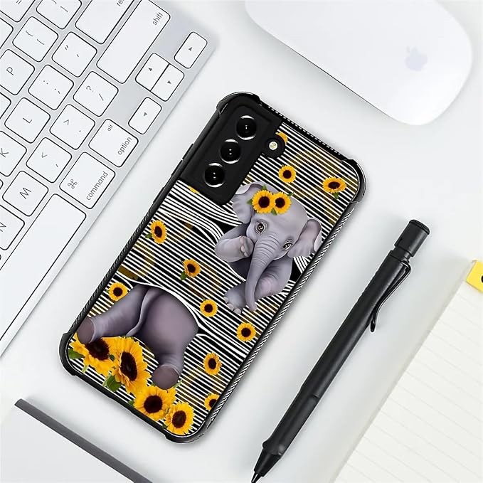 for Samsung Galaxy S21 FE Case, Cute Little Elephant Sunflower White Line Art - Image 7