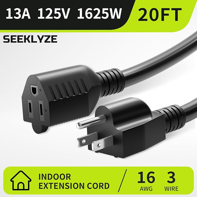 16/3 Black 20 FT Extension Cord, Indoor Extension Cord - Image 2