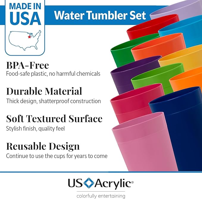 US Acrylic Newport 12-Pack Unbreakable Plastic Cups 12 Assorted Bright Colors - Image 2