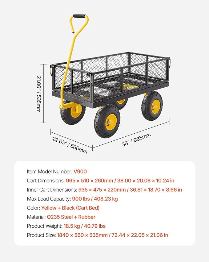 VEVOR 900 Lbs Heavy Duty Steel Garden Cart, Garden Wagon Cart on Wheels, Outdoor Metal Yard Utility Wagon Carts with 10" Tires and Mesh Removable Sides(Convert to Flatbed) and 180°Rotating Handle