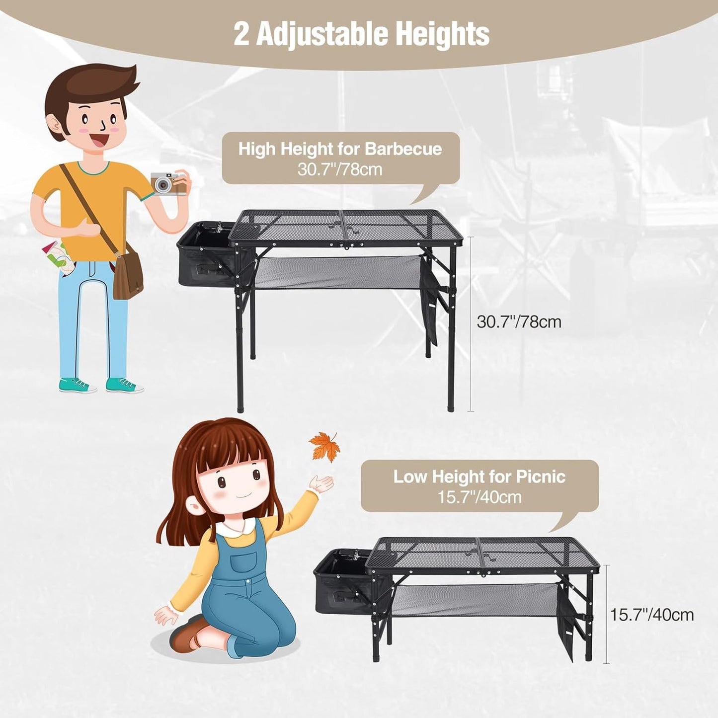 REDCAMP Folding Portable Grill Table with Sink for Outside, Lightweight Aluminum Metal Grill Stand Picnic Table for Camping Cooking BBQ RV Picnic, 2 Heights Adjustable,Black 36"x20"