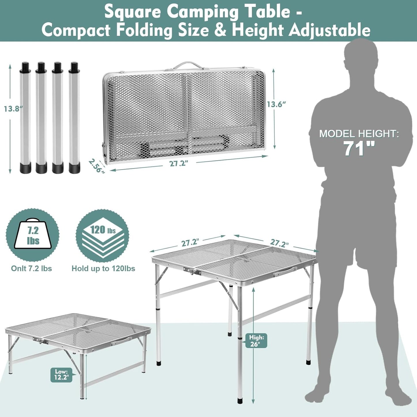 Square Folding Table, Easy for Storage, Compact and Portable Picnic Table for Grill, Outdoor Camping, Garden, Patio, Dining, BBQ, Party, Market and Card Table, 27.2 L × 27.2W inches