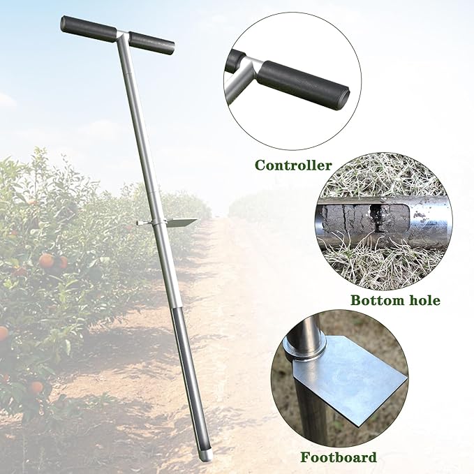 36" Soil Sample Probe Stainless Steel T-Style Handle Sampling Soil Probe Soil Sample Test Tool Kits with Foot Pedal and Reusable Sample Bags for Farm/Agriculture/Garden/Lawn/Golf Course