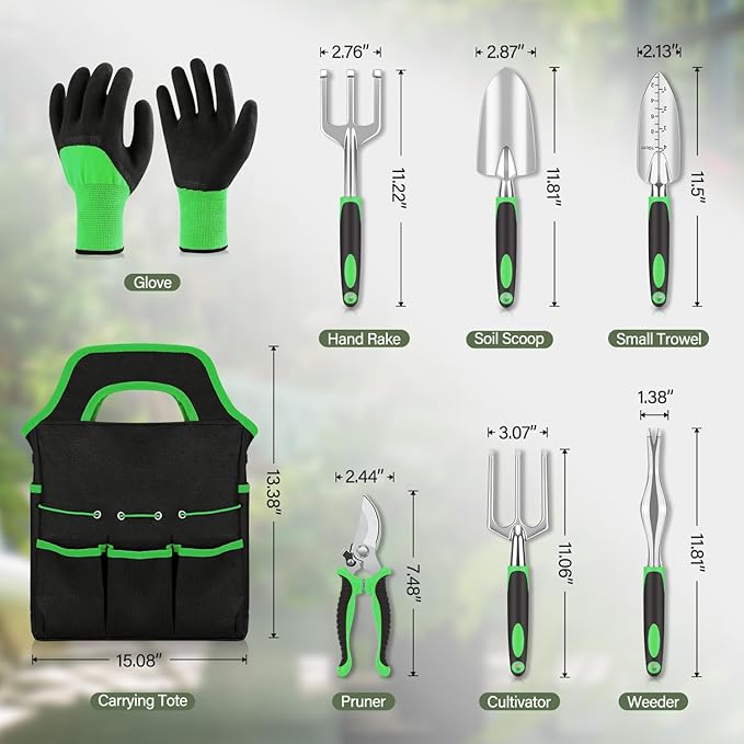 sungwoo Garden Tool Set 8 Piece, Heavy Duty and Lightweight Aluminium Alloy Tools with Ergonomic Handle, Storage Tote Bag, Gardening Hand Tools, Gardening Gifts for Women and Men Green
